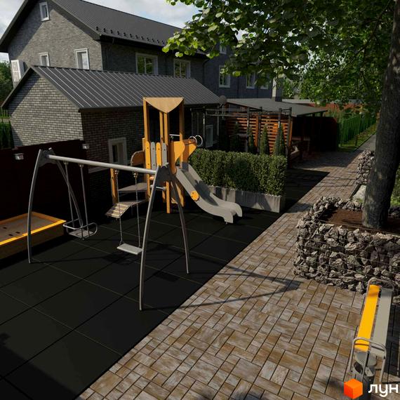 Котеджне містечко GREENBOR: сірий цегляний будинок та дитячий майданчик з гойдалками, гіркою та пісочницею.