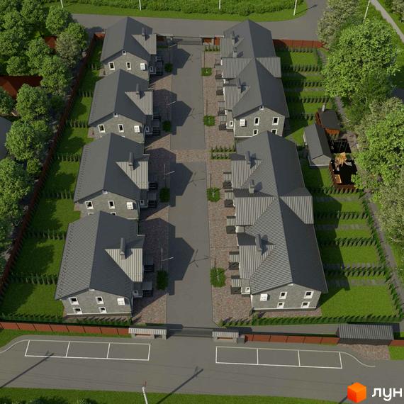 Котеджне містечко КМ GREENBOR з сірими дахами та цегляними фасадами, розташоване на доглянутій зеленій території з доріжками та деревами.