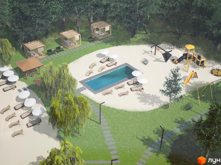 Котеджне містечко Добрі сусіди з басейном, зонами відпочинку та дитячим майданчиком серед дерев. Відкритий простір для дозвілля та релаксації.