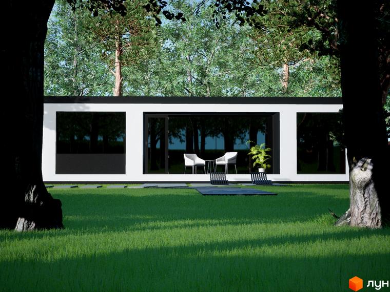 Котеджне містечко Добрі сусіди: сучасний будинок з великими вікнами та зеленою галявиною перед ним. На території розміщені зручні шезлонги та столик з кріслами.