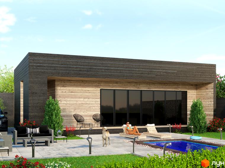 Котеджне містечко Добрі сусіди: одноповерховий будинок з дерев'яною обшивкою та великими вікнами, поруч басейн та зона відпочинку з шезлонгами.