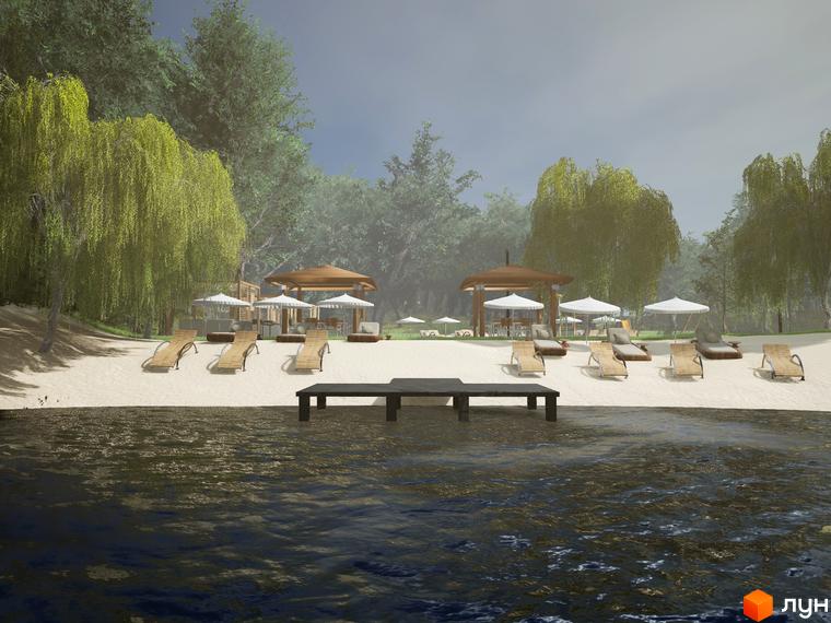 Пляжна зона з шезлонгами та парасольками біля води, зелені дерева на задньому плані.