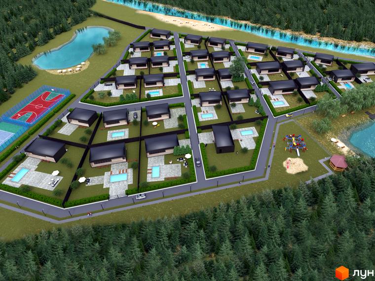 Котеджне містечко Добрі сусіди: сучасні будинки з басейнами та спортивними майданчиками, оточені зеленню та озером.