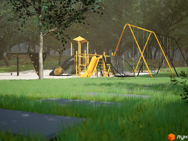 Дитячий майданчик з гіркою та гойдалками у КМ Добрі сусіди. Зелена територія з деревами та травою.