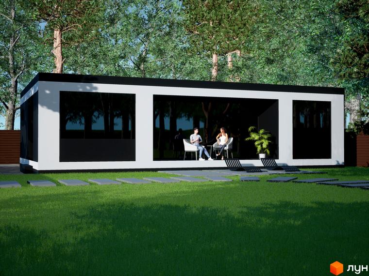 Котеджне містечко Добрі сусіди: сучасний будинок з великими вікнами та зоною відпочинку на галявині.