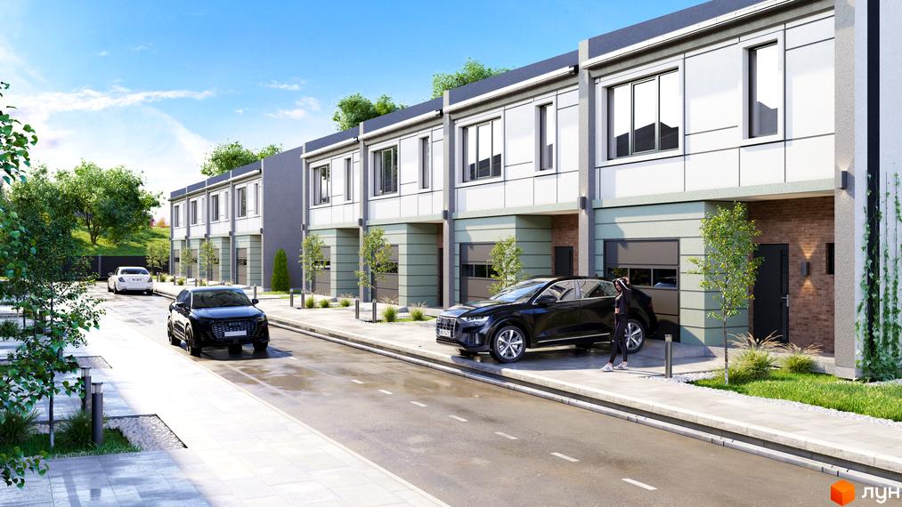 Таунхауси „Садовий Клуб“ – це сучасна житлова забудова з акуратними фасадами та гаражними секціями, розташована на доглянутій прибудинковій території з зеленими насадженнями.