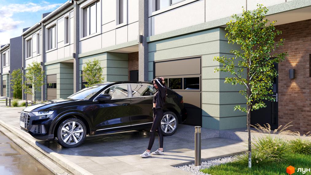 Таунхауси „Садовий Клуб“: фасади світлих відтінків з великими вікнами та гаражами. Прибудинкова територія озеленена деревами, кущами та має вимощені доріжки.