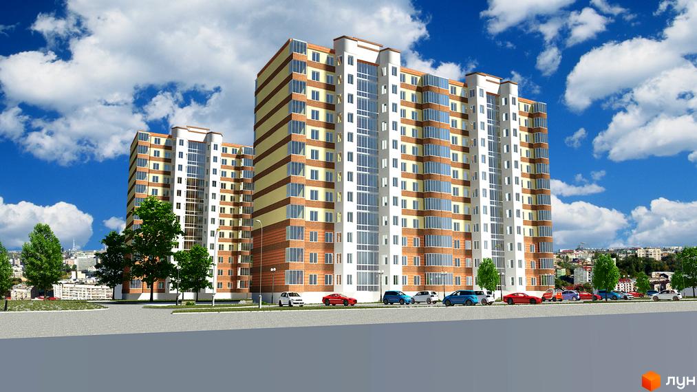 Житловий комплекс Полісся: високі будинки з комбінованими фасадами та заскленими балконами. На передньому плані дорога з автомобілями та зелені дерева.