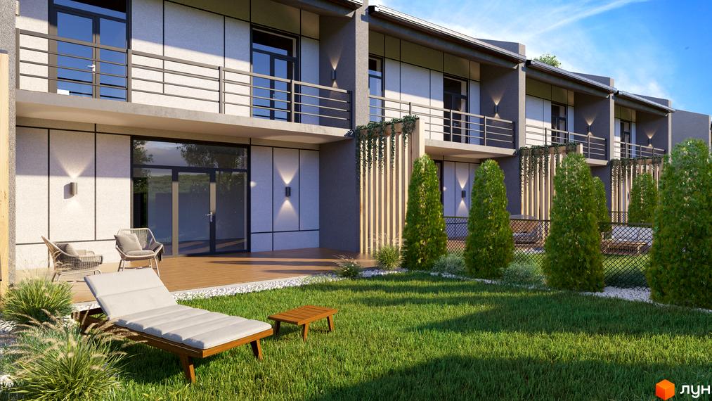 Таунхауси „Садовий Клуб“ з терасою, балконами та зеленим подвір'ям з лежаком та меблями.