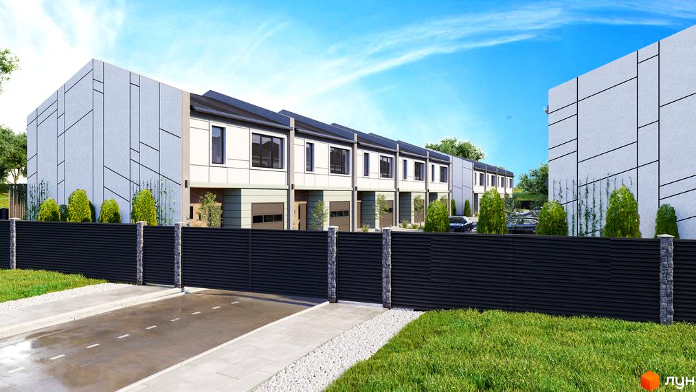 Таунхауси „Садовий Клуб“ з сірою фасадною обробкою та чорним парканом. На території комплексу є зелені насадження та дорога.