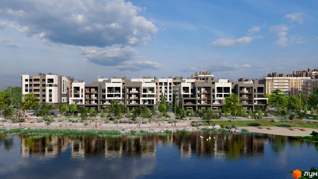 Житловий комплекс Озерний Гай (Гатне) з багатоповерховими будинками світлих та темних кольорів. Набережна біля озера з деревами, пляжем та дитячим майданчиком.