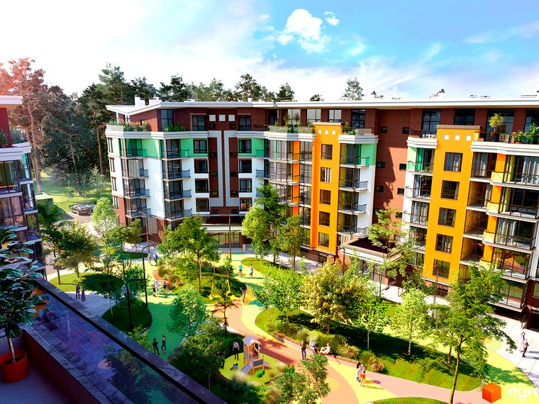 Житловий комплекс Лісова казка 2 з яскравими фасадами та упорядкованою прибудинковою територією з дитячим майданчиком та зонами відпочинку.