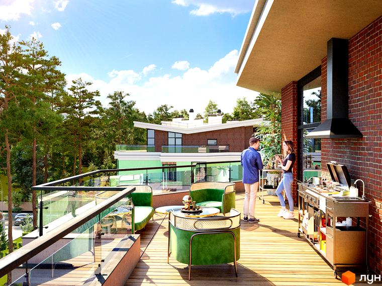 Житловий комплекс Лісова казка 2: тераса з зоною барбекю та відпочинку на тлі лісу та сучасної архітектури. Насолоджуйтесь природою та комфортом на відкритому просторі.