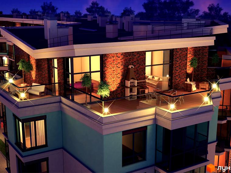 Житловий комплекс Лісова казка 2: сучасний вигляд фасаду з балконами та терасами. Вечірній вид на новобудову з освітленням.