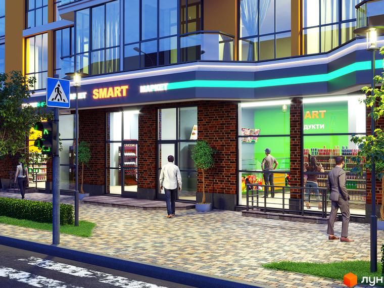 Зовнішній вигляд новобудови ЖК Лісова казка 2 з магазином Smart Market та пішохідним переходом. Прибудинкова територія з деревами та тротуаром.