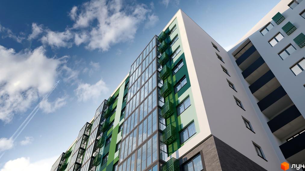 Зовнішній вигляд житлового комплексу Гідропарк Сіті з фасадом, що поєднує зелені та світлі відтінки, та великими панорамними вікнами. На фоні видно блакитне небо з хмарами та літак.