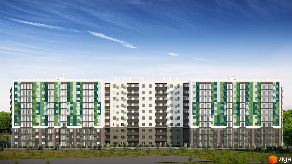 Фасад житлового комплексу Гідропарк Сіті з різнокольоровими віконними рамами та балконами. Навколо будинку зелена зона з деревами та доглянутим газоном.