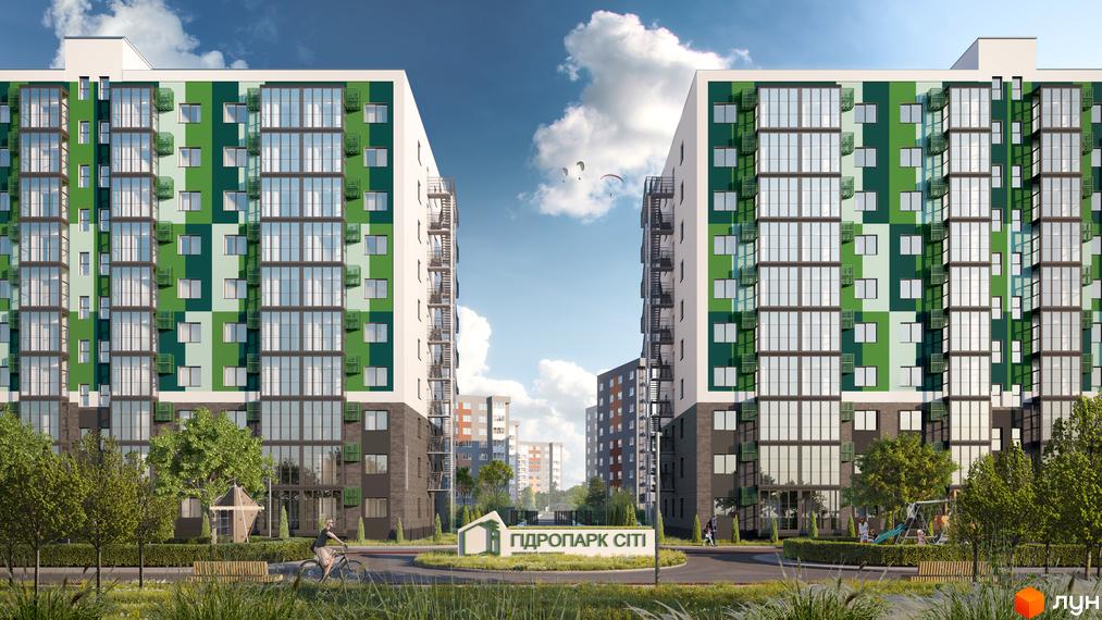Високоповерхові будинки ЖК Гідропарк Сіті з фасадами у зелених тонах. На прибудинковій території зелені насадження, дитячий майданчик та лавки для відпочинку.