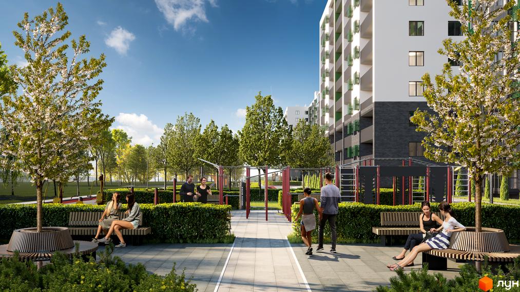 Житловий комплекс Гідропарк Сіті з зоною для відпочинку та спортивним майданчиком. Сучасна архітектура будівель та зелена прибудинкова територія.