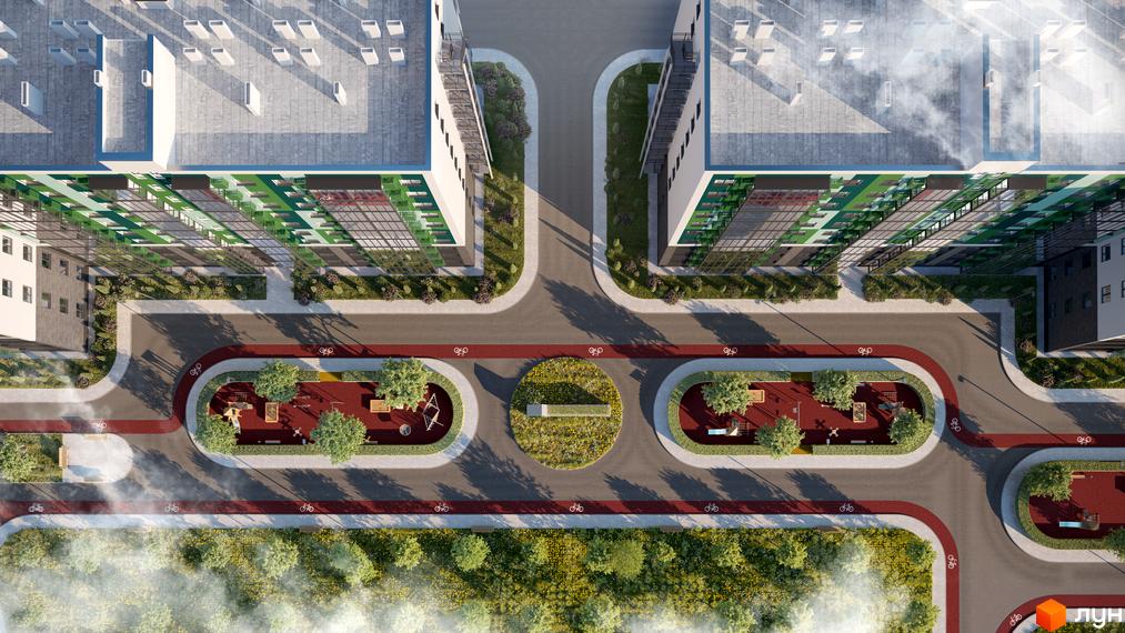 Вид зверху на будівлі Житловий комплекс Гідропарк Сіті з прибудинковою територією, дитячими майданчиками та велосипедними доріжками.