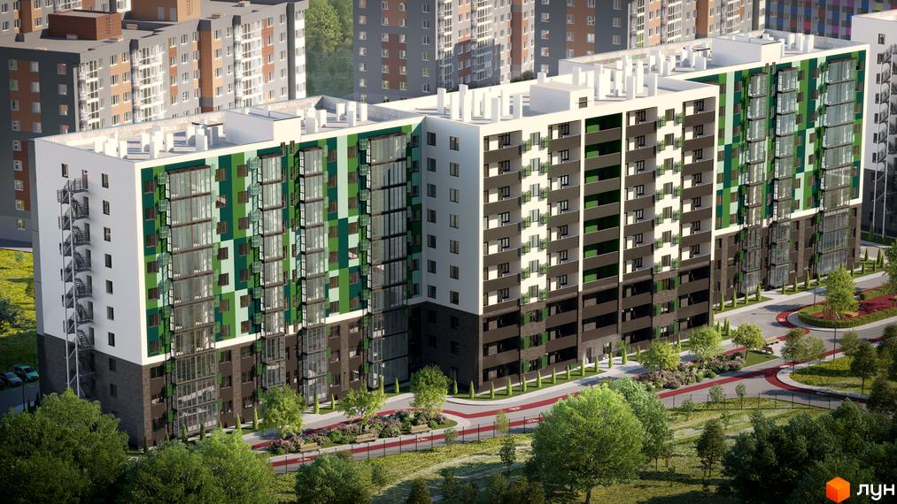 Житловий комплекс Гідропарк Сіті з фасадом у зелених тонах. На території комплексу є зелені насадження, алеї та місця для відпочинку.