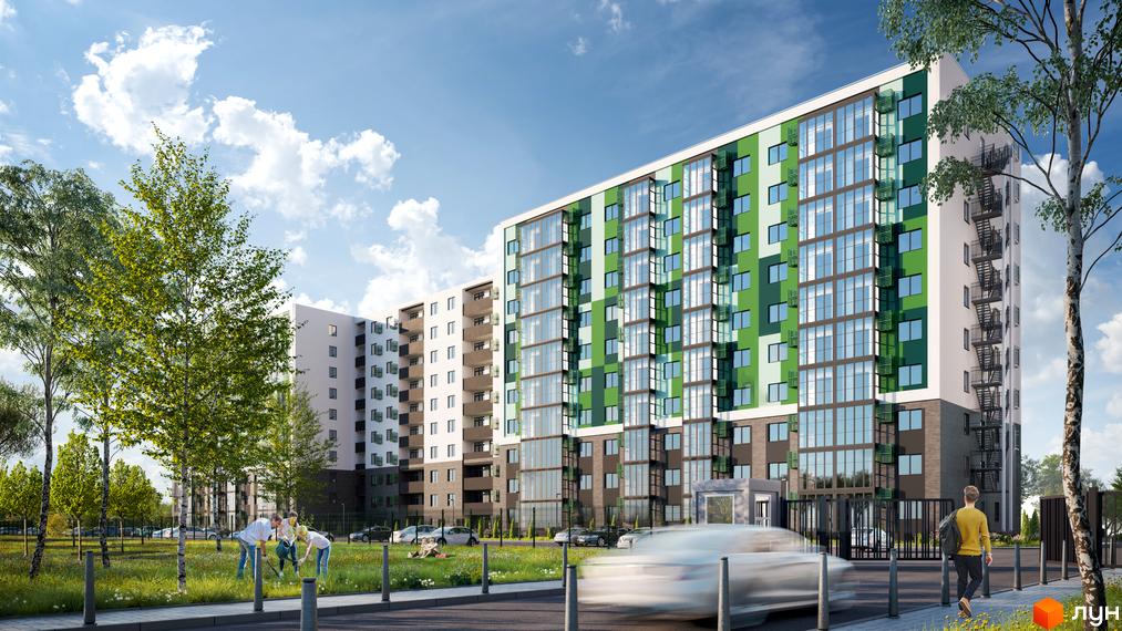 Житловий комплекс Гідропарк Сіті з фасадом у зелених тонах та прибудинковою територією з деревами та людьми.