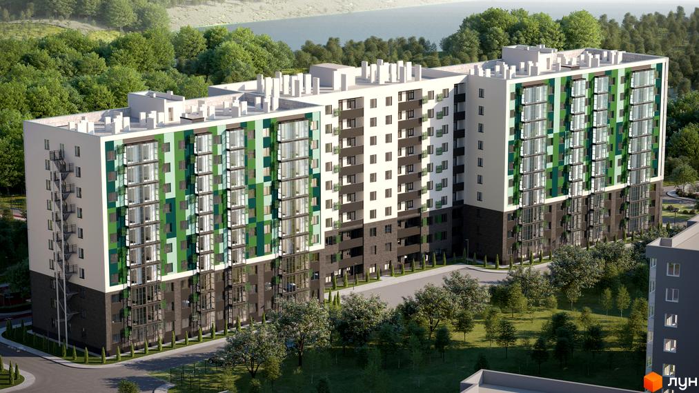 Житловий комплекс Гідропарк Сіті з фасадами, оздобленими зеленою та білою плиткою, та прибудинковою територією з деревами.