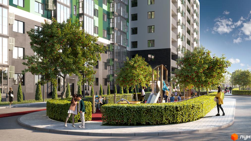 Житловий комплекс Гідропарк Сіті: фасади будівель з зеленими та сірими елементами, скляними балконами та дитячим майданчиком з деревами.