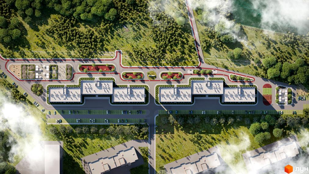 Житловий комплекс Гідропарк Сіті: вид зверху на будівлі з парковкою та зеленими зонами навколо, включаючи дитячі майданчики та алеї.