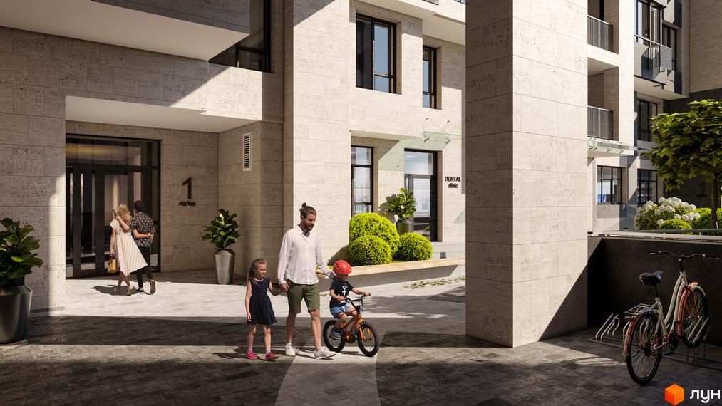 Світлі фасади Житлового комплексу CRYSTAL RESIDENCE з великими вікнами. На прибудинковій території бруківка, зелені насадження та зона відпочинку.