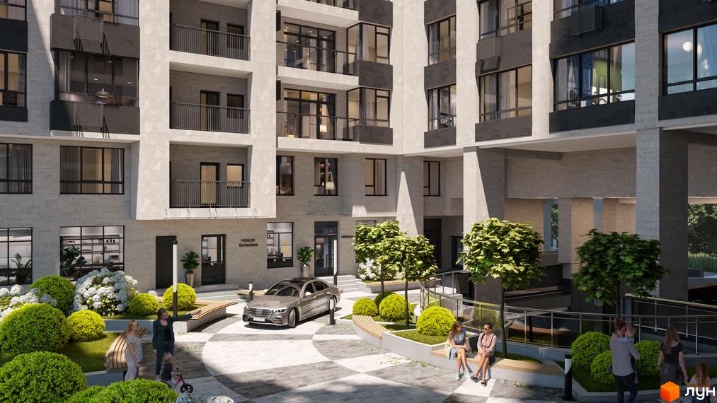 Житловий комплекс CRYSTAL RESIDENCE з сірим фасадом та балконами. На прибудинковій території розташовані зелені кущі, дерева, лавки та автомобіль.