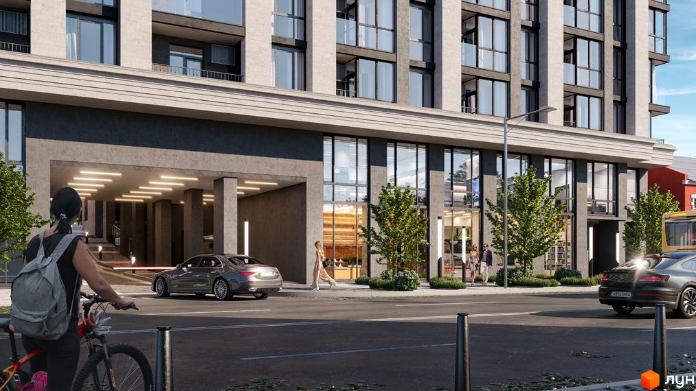 Житловий комплекс CRYSTAL RESIDENCE: багатоповерховий будинок з сірим фасадом, великими вікнами та входом. Навколо – дорога, дерева та пішоходи.