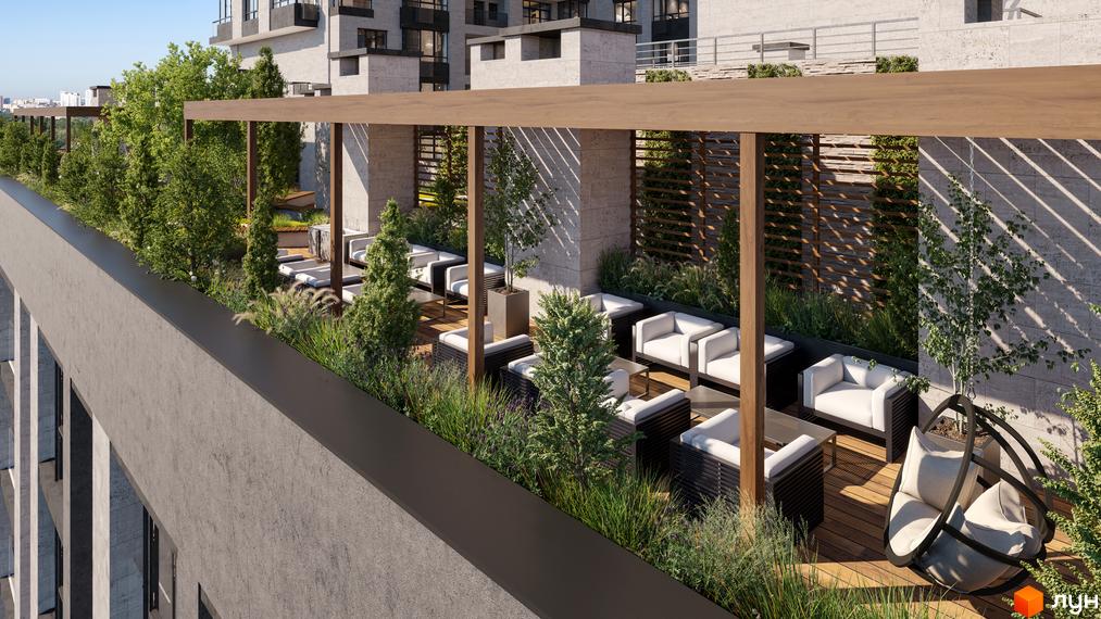 Житловий комплекс CRYSTAL RESIDENCE з терасою, зонами відпочинку та озелененням. Сучасний фасад будівлі та облаштована прибудинкова територія для комфортного проживання.