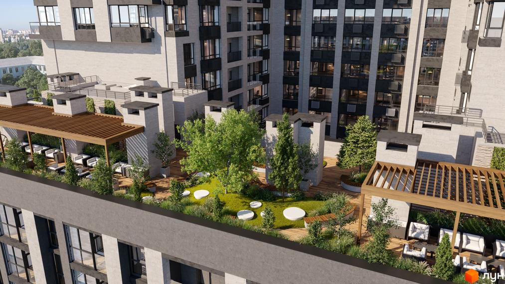 Житловий комплекс CRYSTAL RESIDENCE: багатоповерховий будинок зі світлим фасадом та зеленою зоною відпочинку на даху з деревами та перголами.