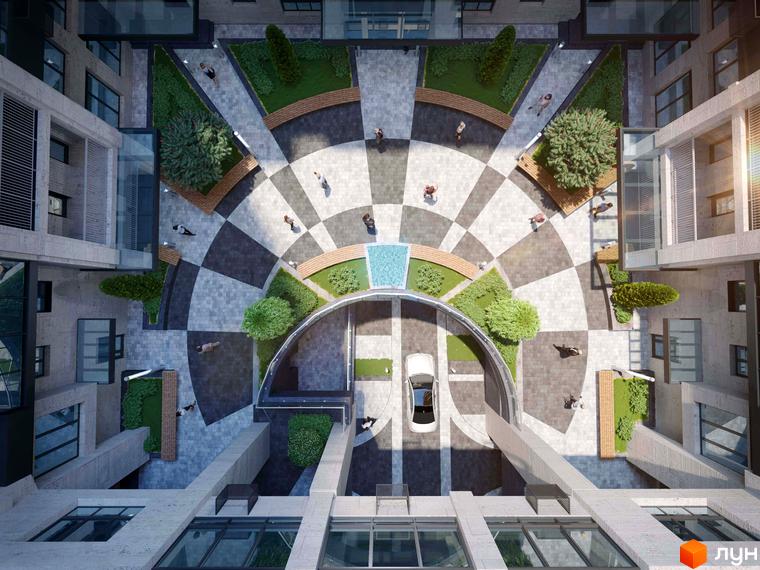 Вид зверху на житловий комплекс CRYSTAL RESIDENCE з внутрішнім двориком, фонтаном та місцями для відпочинку. На території присутні люди та автомобіль.