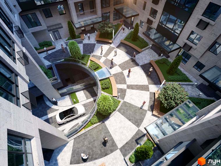 Житловий комплекс CRYSTAL RESIDENCE з унікальним внутрішнім двориком, де розташовані лаунж-зони та зелені насадження. На території комплексу є парковка та місця для відпочинку.
