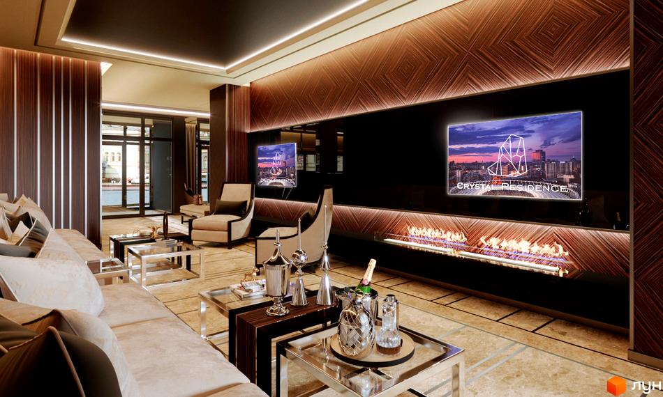 Інтер'єр просторого лобі Житлового комплексу CRYSTAL RESIDENCE з дерев'яними стіновими панелями, декоративним каміном та великими екранами.