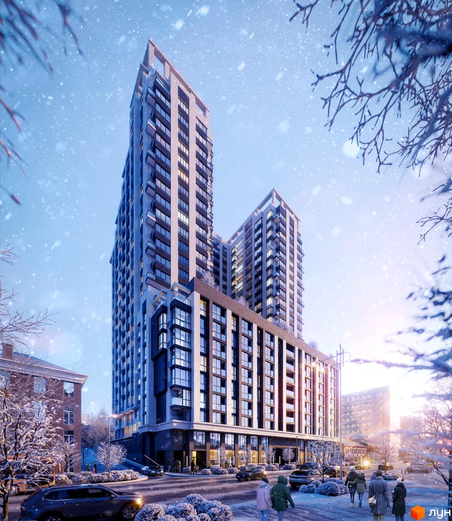 Житловий комплекс CRYSTAL RESIDENCE: високі будівлі зі скла та світлих панелей. Засніжена вулиця з пішоходами та автомобілями взимку.