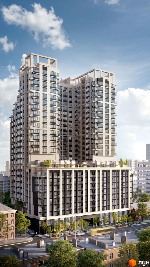 Житловий комплекс CRYSTAL RESIDENCE - це висотна будівля з великою кількістю вікон та балконів. Навколо комплексу розташовані дерева та міська забудова.