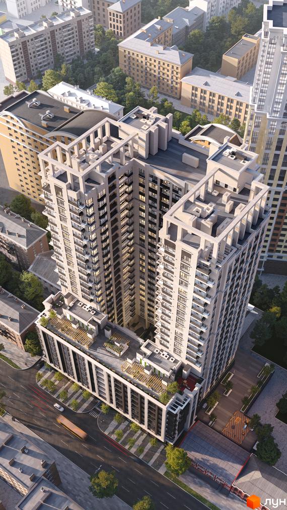 Вид на житловий комплекс CRYSTAL RESIDENCE з висоти пташиного польоту. Будинок має багатоповерхову структуру з балконами та терасами. Навколо комплексу розташовані дерева та міська забудова.