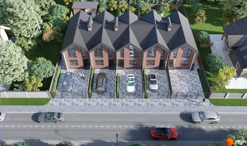 Таунхауси Nordic 3: Вигляд зверху на п'ять цегляних таунхаусів з темними дахами. Перед будинками бруковані подвір'я для авто та дорога.