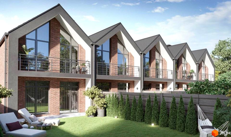 Таунхауси Nordic 3: ряд будинків з цегляними фасадами, великими вікнами та балконами. На подвір'ї зелений газон, шезлонги та огорожа з туями.