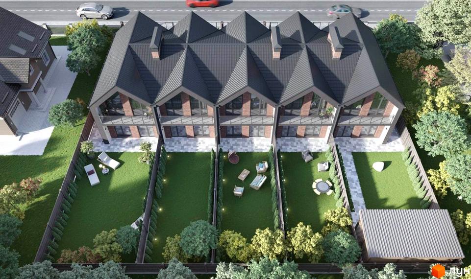 Таунхауси Nordic 3: триповерхові будинки з темним дахом та цегляним фасадом, з доглянутими зеленими подвір'ями та зонами відпочинку.