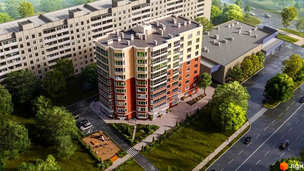 Зовнішній вигляд багатоповерхового житлового комплексу з цегляним фасадом та прибудинковою територією з деревами та дитячим майданчиком.