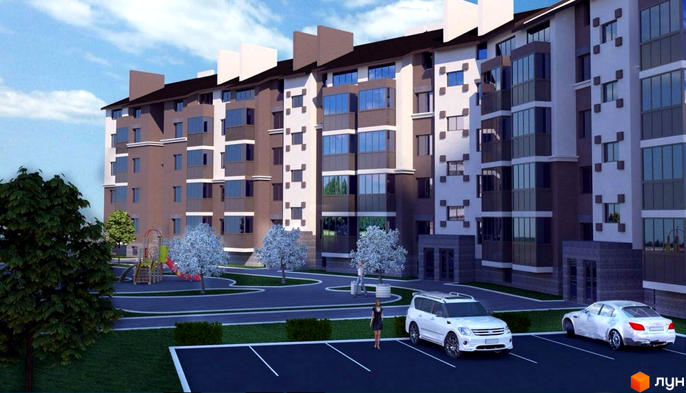 Житловий комплекс Гранд Резорт з багатоповерховими будинками світло-коричневого та білого кольорів. На території видно зелені насадження, дитячий майданчик та паркінг.