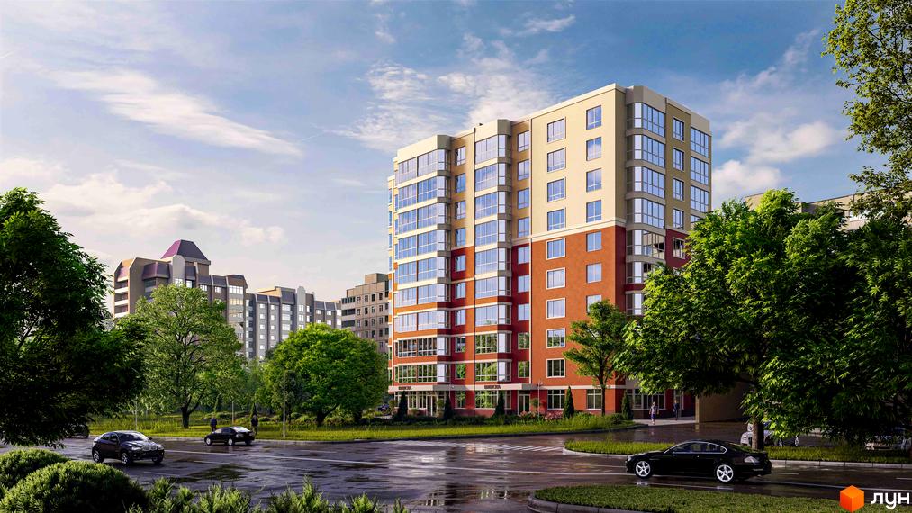 Новобудова на вул. Героїв АТО, 81 з бежево-червоним фасадом та панорамними вікнами. Прибудинкова територія озеленена, є дорога та автомобілі.