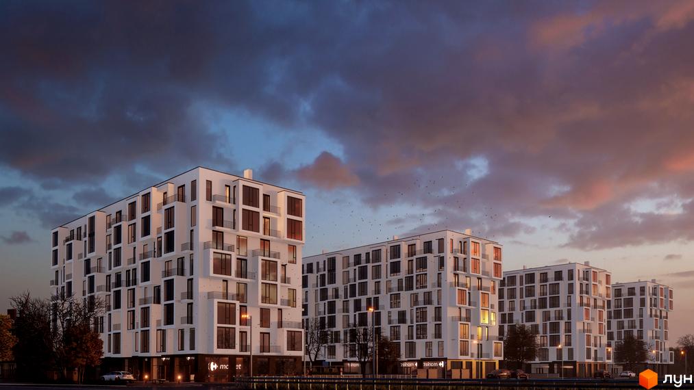 Житловий комплекс В4 – це сучасна новобудова з білими фасадами та численними вікнами. Комплекс розташований біля дороги з деревами на тлі хмарного неба.