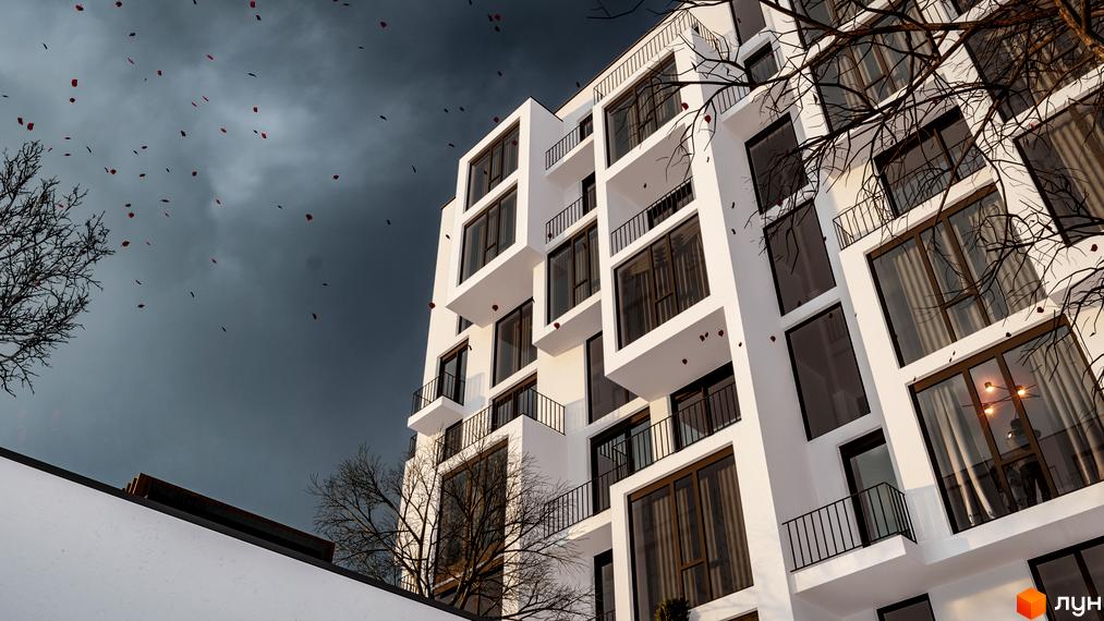 Новобудова ЖК В4 – це сучасна архітектура з великими вікнами та балконами, розташована на фоні хмарного неба з червоним листям, що падає.