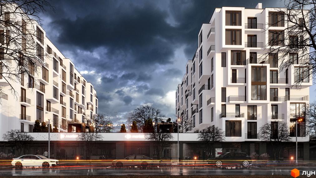 Білосніжний ЖК В4 з панорамними вікнами та балконами на тлі хмарного неба. На передньому плані розташована дорога з рухом транспорту.