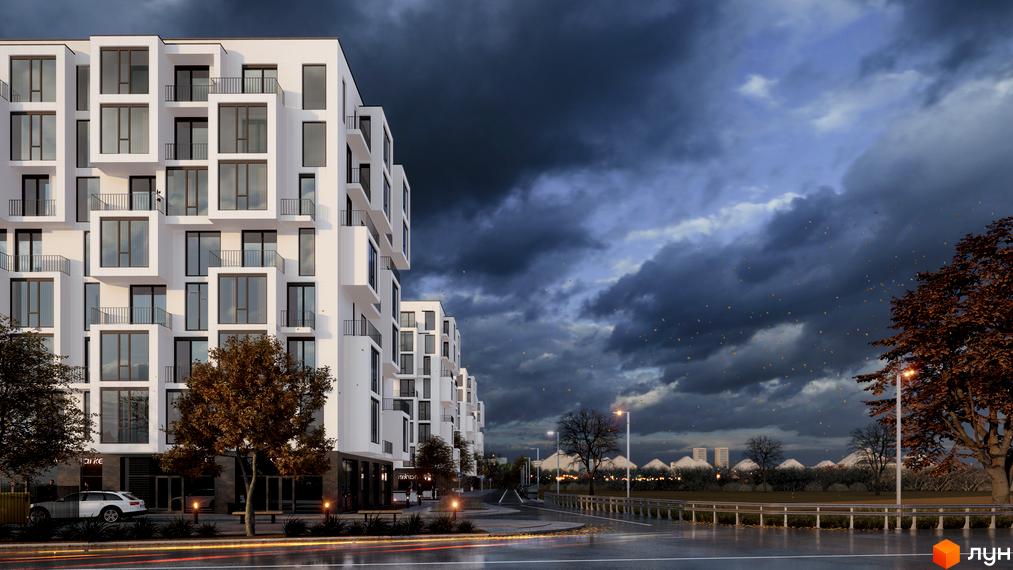 Сучасний житловий комплекс В4 з білими фасадами та великими вікнами, розташований біля дороги з деревами та ліхтарями.